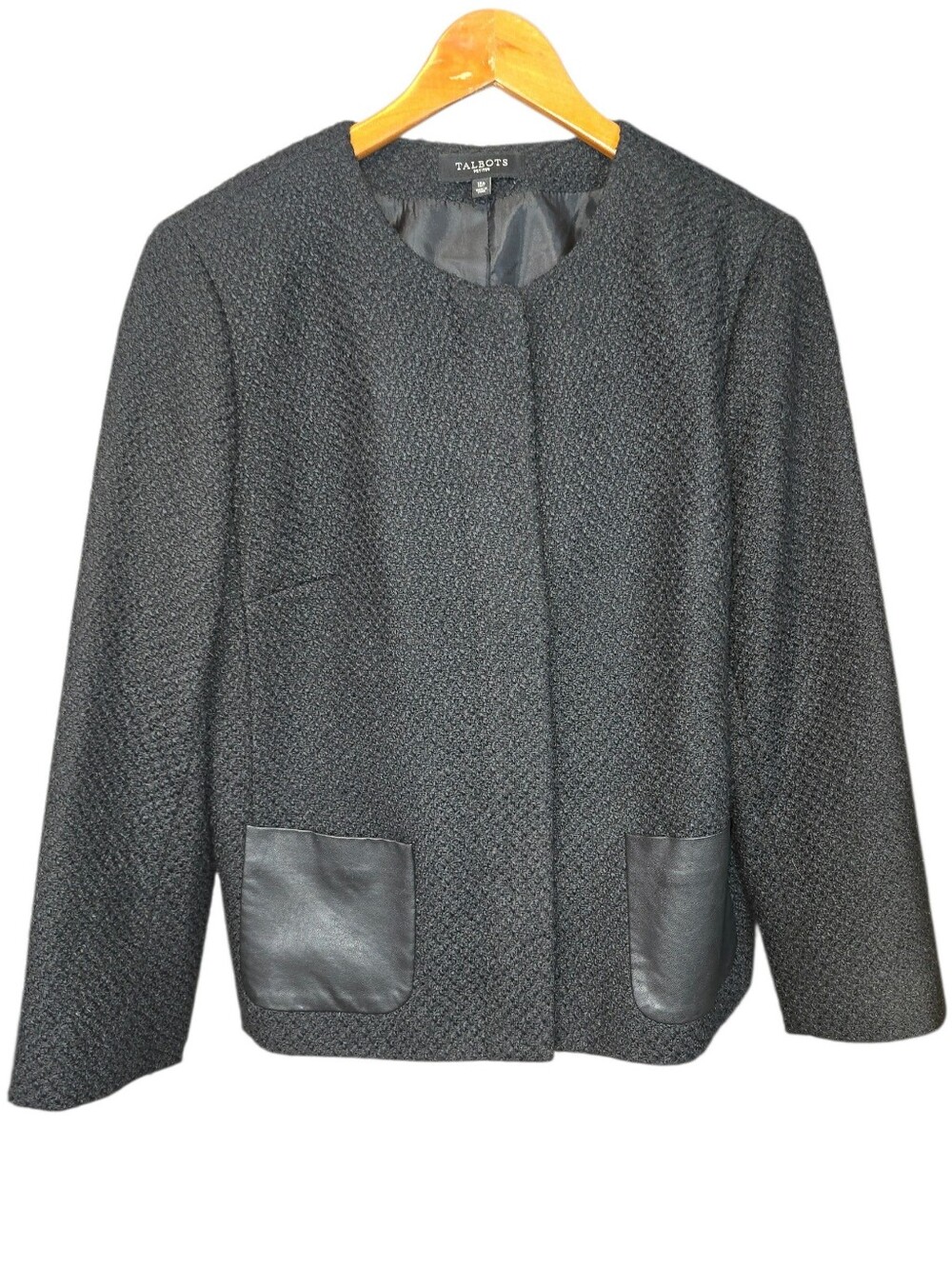 Talbots Petites Black Textured Wool Blend Zip  Jacket Faux Leather Pockets 16 P